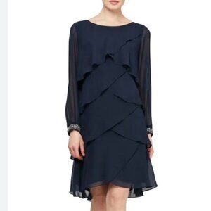 SLNY Long Sleeve Chiffon Tiered Short Evening Dress / Navy / Size 10